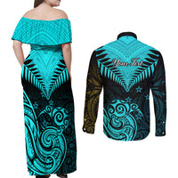 Personalised Aotearoa Couples Matching Off Shoulder Maxi Dress and Long Sleeve Button Shirts Maori Kiwi Turquoise Fern LT01 - Polynesian Pride
