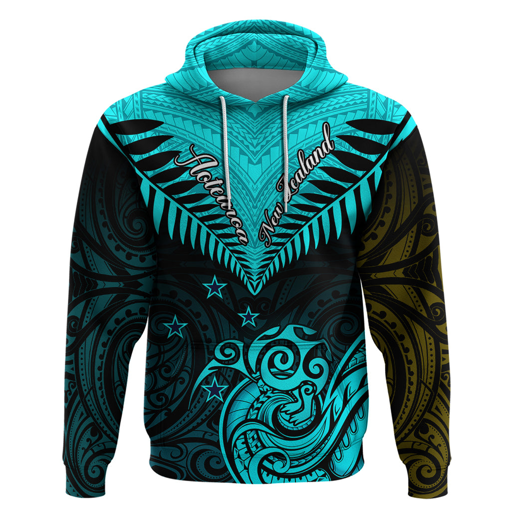 Personalised Aotearoa Hoodie Maori Kiwi Turquoise Fern LT01 Turquoise - Polynesian Pride