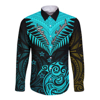 Personalised Aotearoa Long Sleeve Button Shirt Maori Kiwi Turquoise Fern LT01 Unisex Turquoise - Polynesian Pride