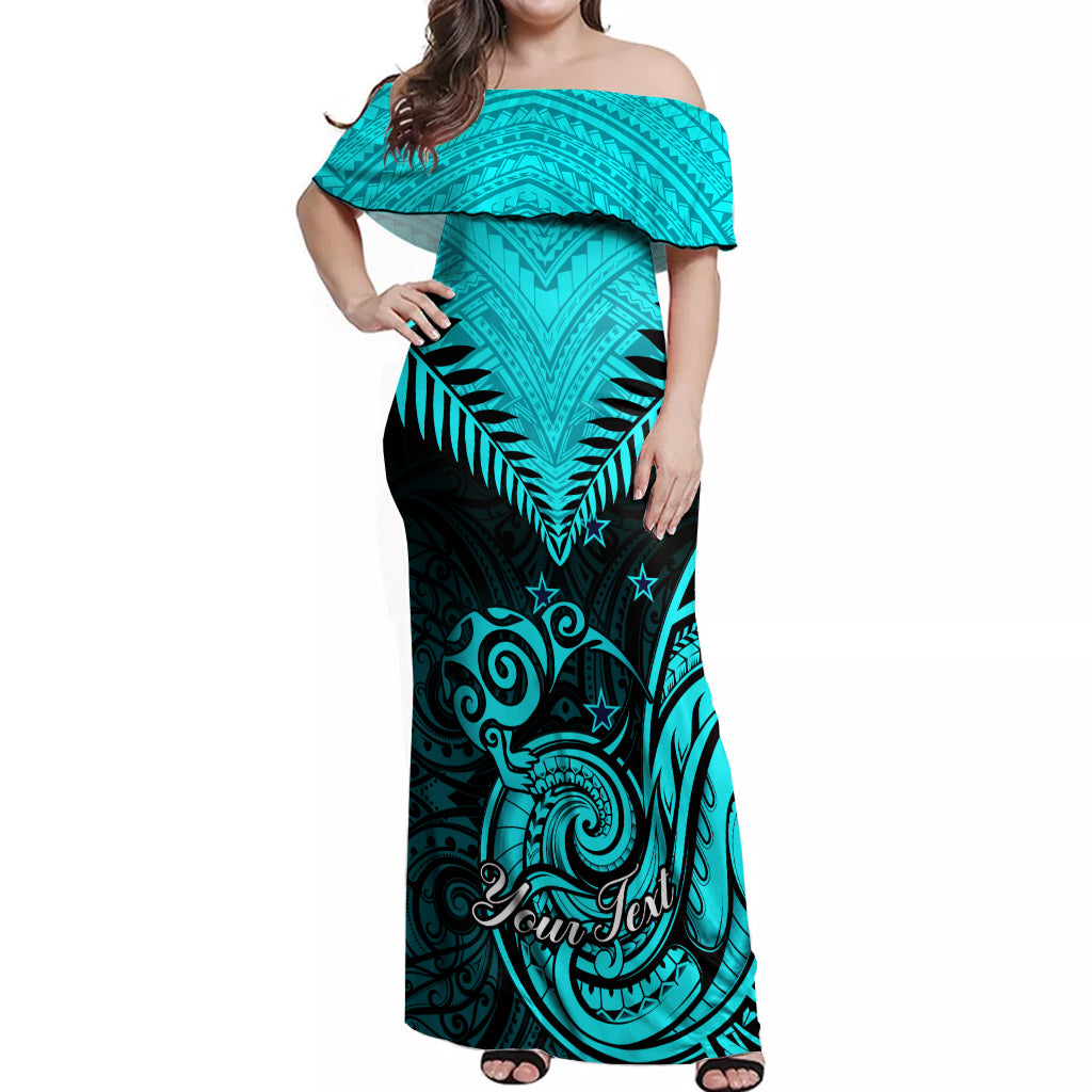 Personalised Aotearoa Off Shoulder Maxi Dress Maori Kiwi Turquoise Fern LT01 Women Turquoise - Polynesian Pride