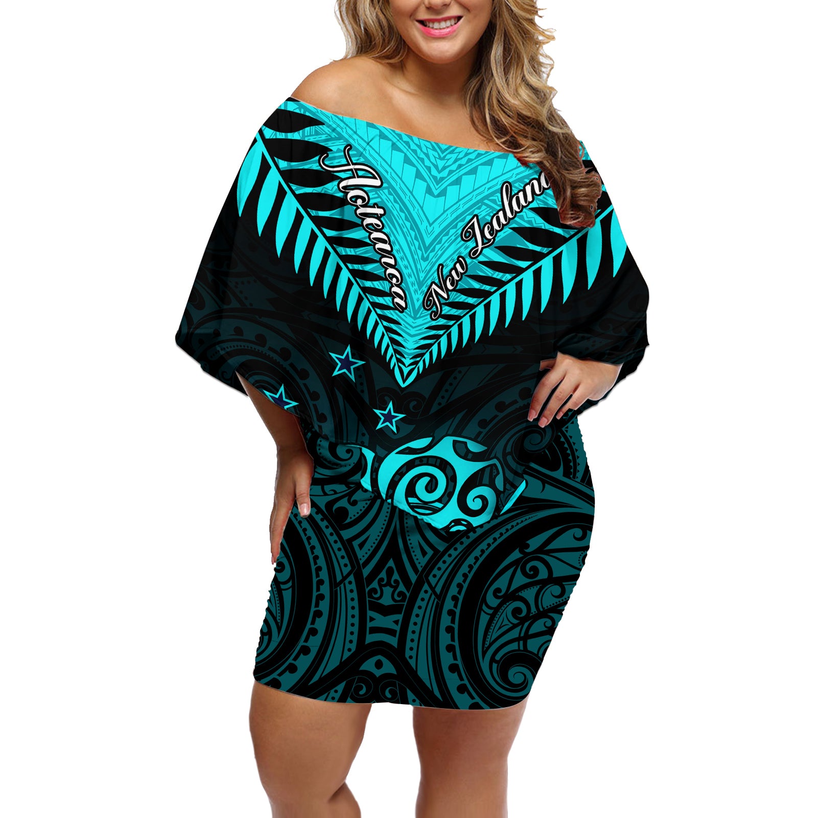 Personalised Aotearoa Off Shoulder Short Dress Maori Kiwi Turquoise Fern LT01 Women Turquoise - Polynesian Pride