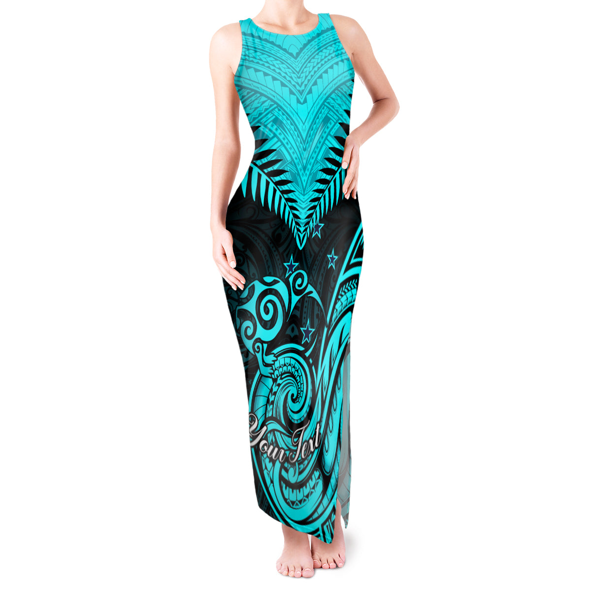 Personalised Aotearoa Tank Maxi Dress Maori Kiwi Turquoise Fern LT01 Women Turquoise - Polynesian Pride