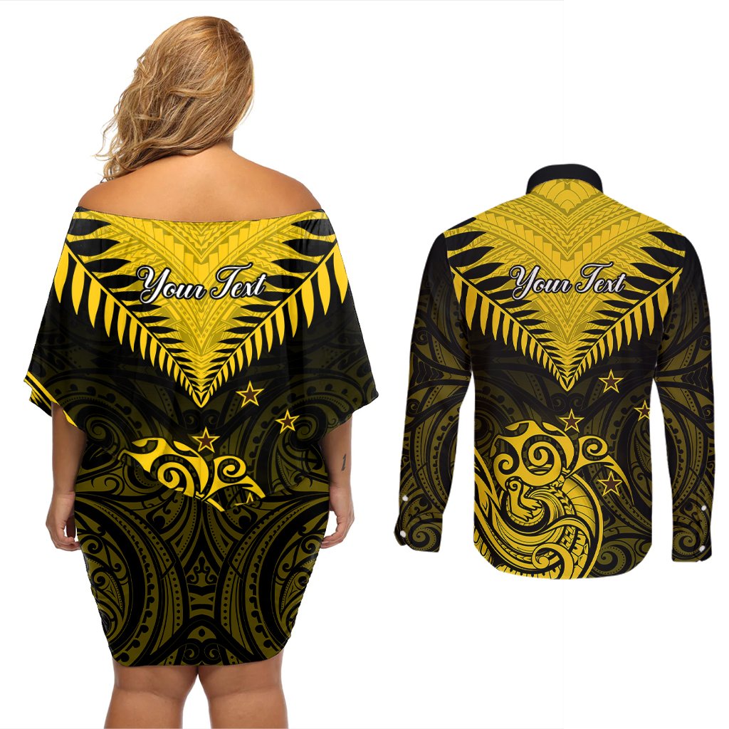 Personalised Aotearoa Couples Matching Off Shoulder Short Dress and Long Sleeve Button Shirts Maori Kiwi Yellow Fern LT01 - Polynesian Pride