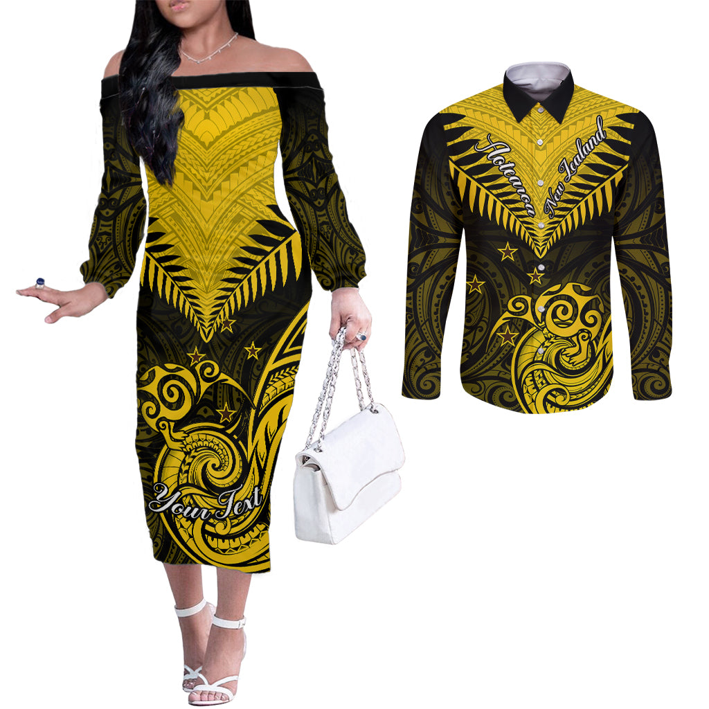Personalised Aotearoa Couples Matching Off The Shoulder Long Sleeve Dress and Long Sleeve Button Shirts Maori Kiwi Yellow Fern LT01 Yellow - Polynesian Pride