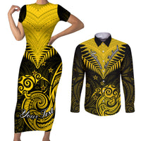 Personalised Aotearoa Couples Matching Short Sleeve Bodycon Dress and Long Sleeve Button Shirts Maori Kiwi Yellow Fern LT01 Yellow - Polynesian Pride