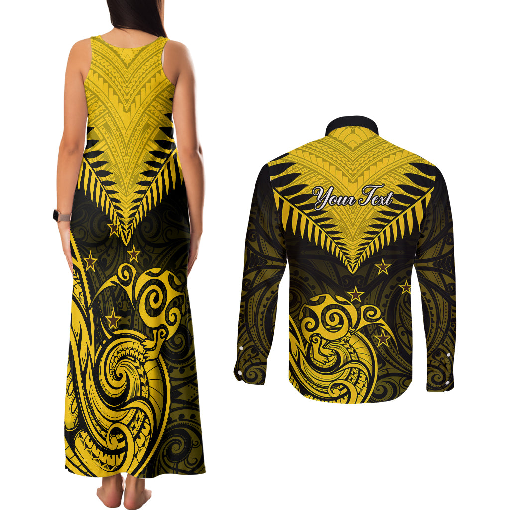 Personalised Aotearoa Couples Matching Tank Maxi Dress and Long Sleeve Button Shirts Maori Kiwi Yellow Fern LT01 - Polynesian Pride