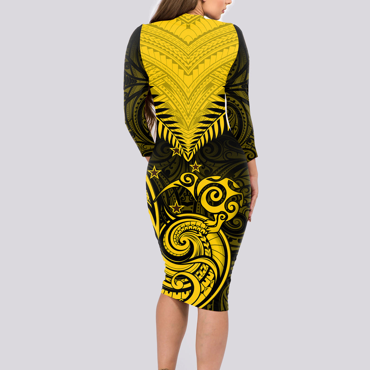 Personalised Aotearoa Long Sleeve Bodycon Dress Maori Kiwi Yellow Fern LT01 - Polynesian Pride