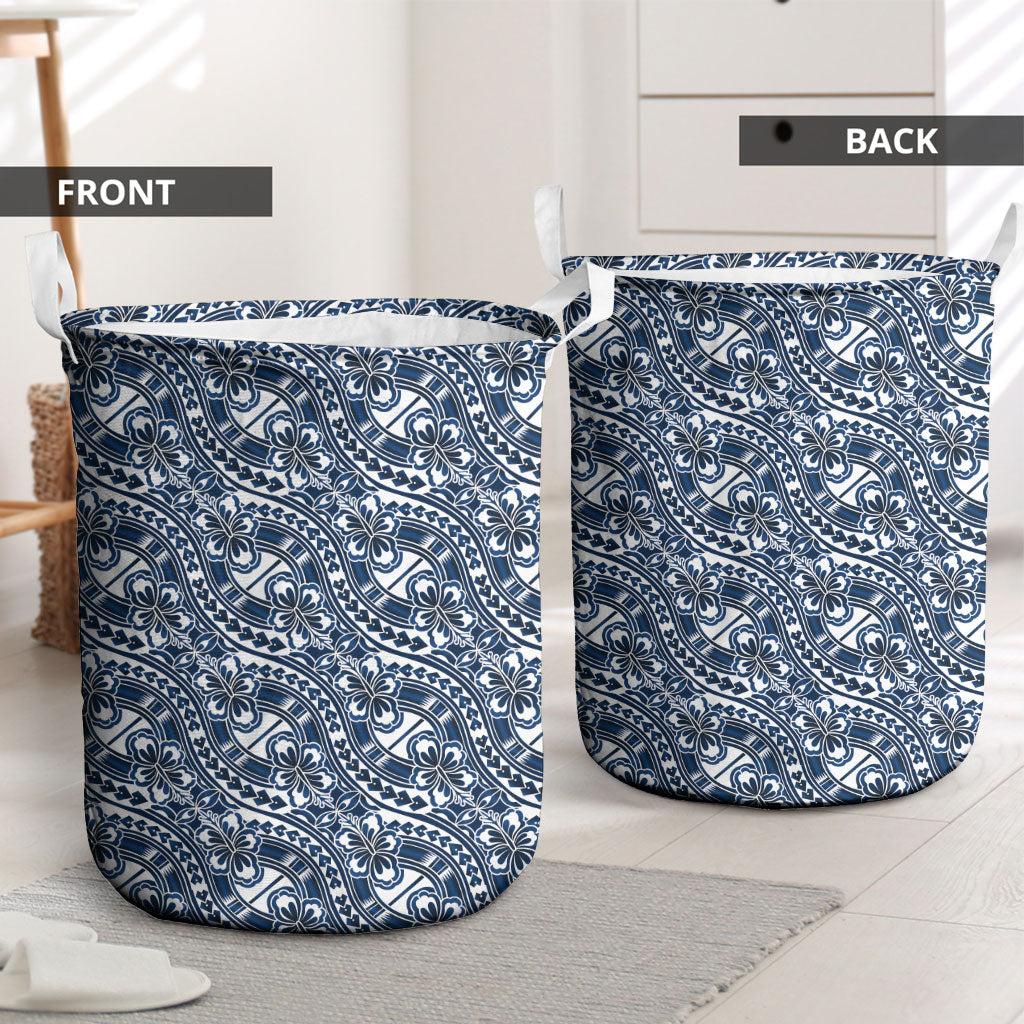 Hibiscus Bloom Island Tribal Waves Laundry Basket Blue Polynesian Pattern LT01 - Polynesian Pride
