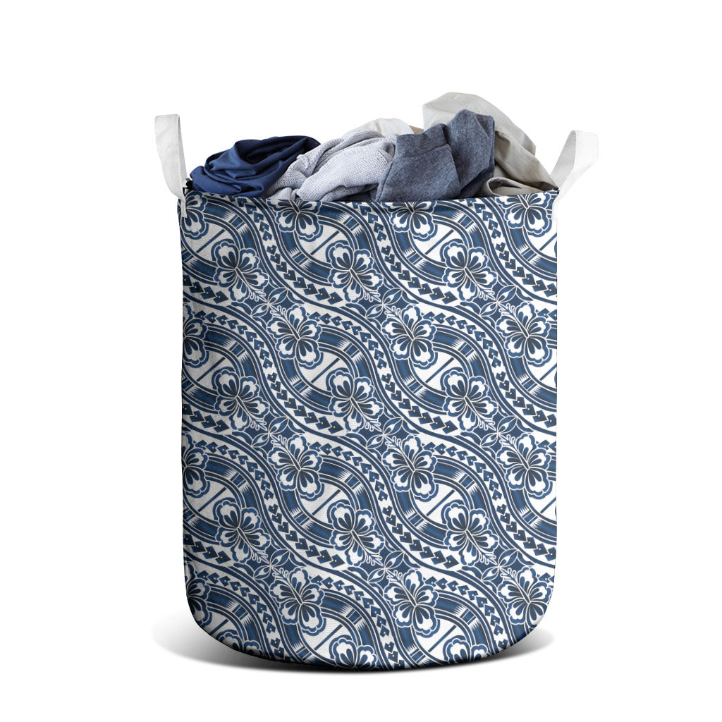 Hibiscus Bloom Island Tribal Waves Laundry Basket Blue Polynesian Pattern LT01 - Polynesian Pride