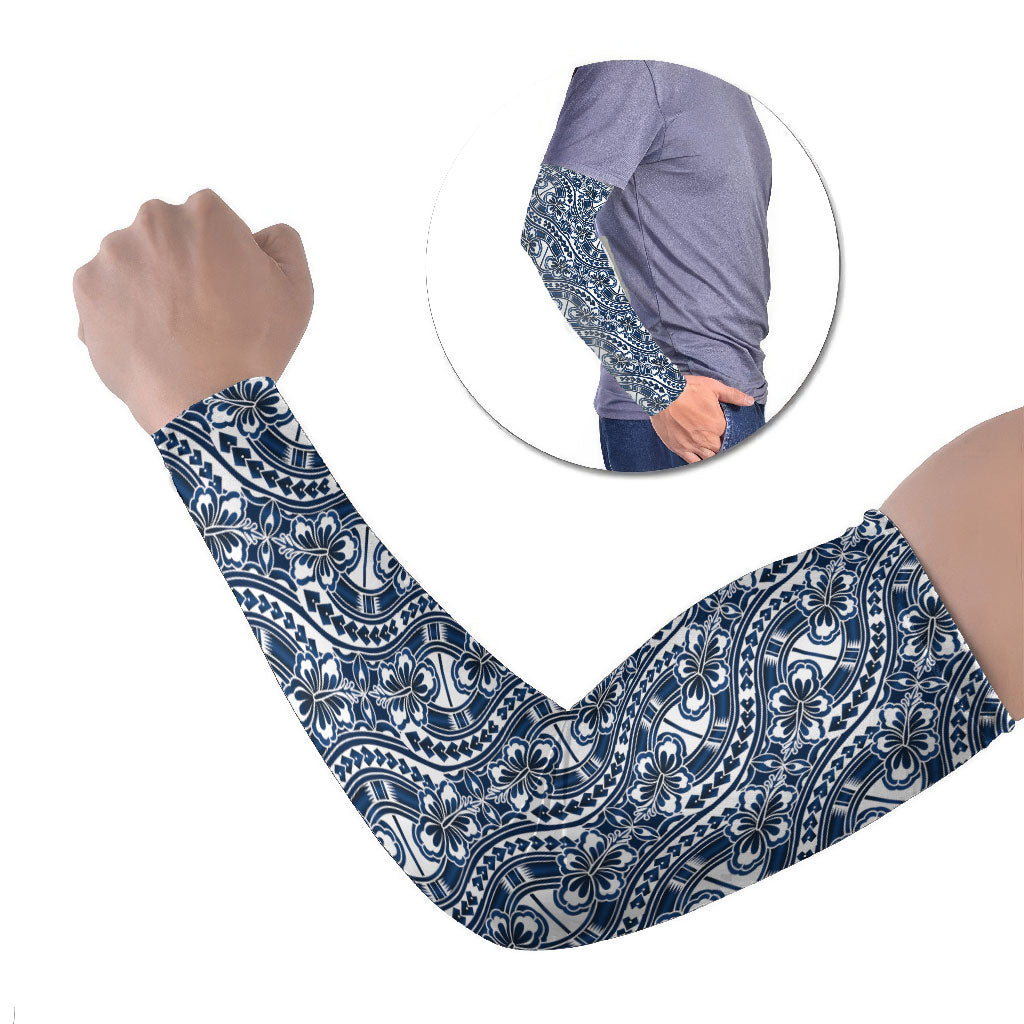 Hibiscus Bloom Island Tribal Waves Arm Sleeves Blue Polynesian Pattern LT01 Set of 2 Blue - Polynesian Pride