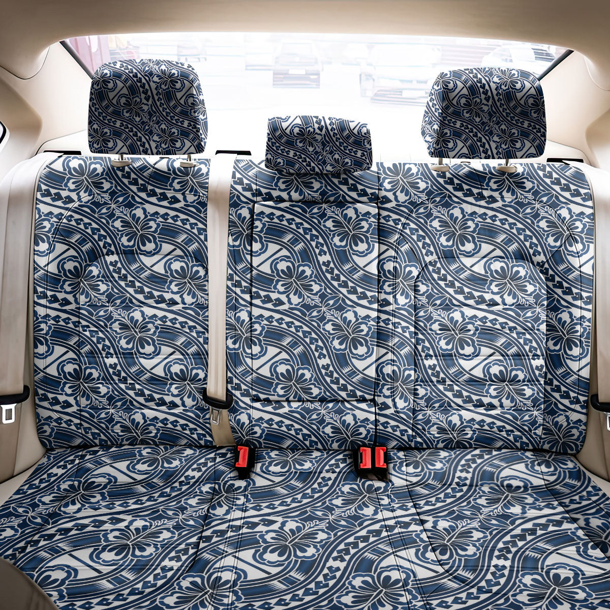 Hibiscus Bloom Island Tribal Waves Back Car Seat Cover Blue Polynesian Pattern LT01 - Polynesian Pride