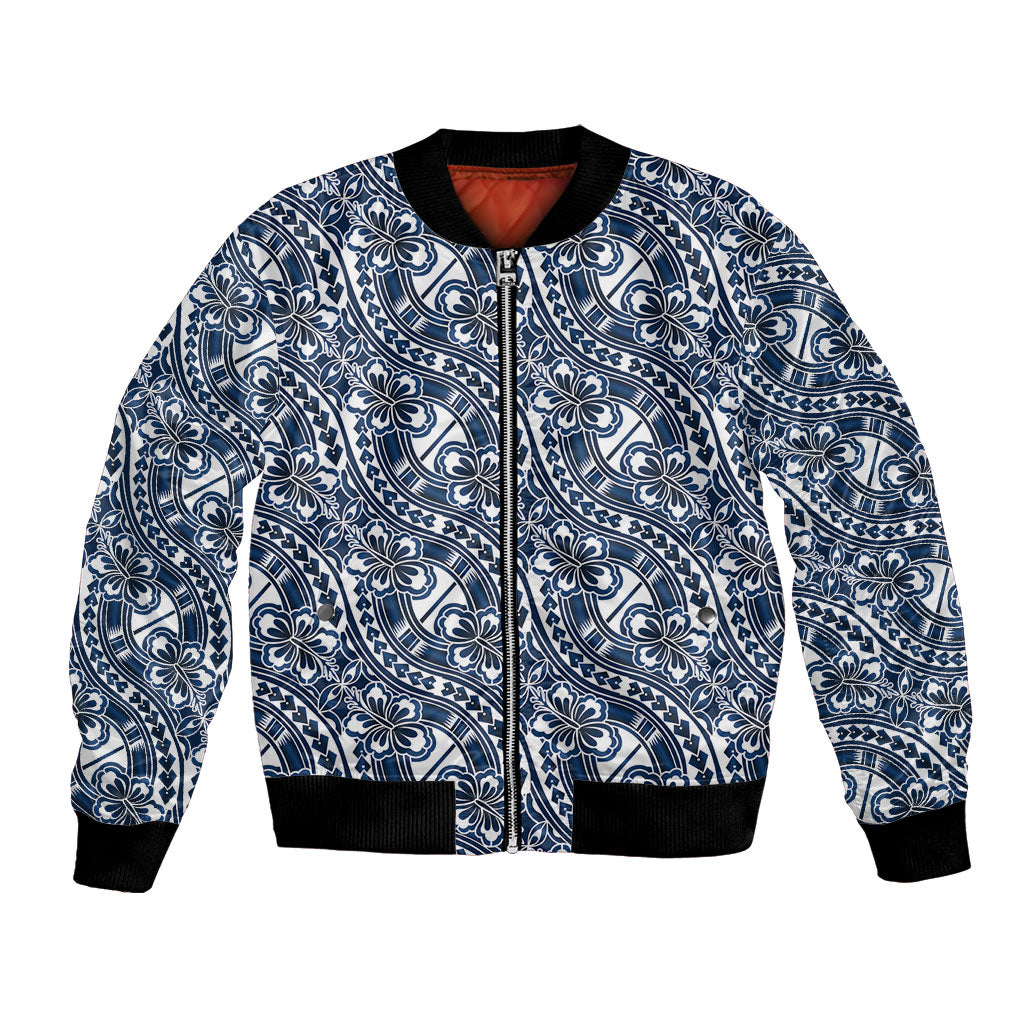 Hibiscus Bloom Island Tribal Waves Bomber Jacket Blue Polynesian Pattern LT01 Unisex Blue - Polynesian Pride