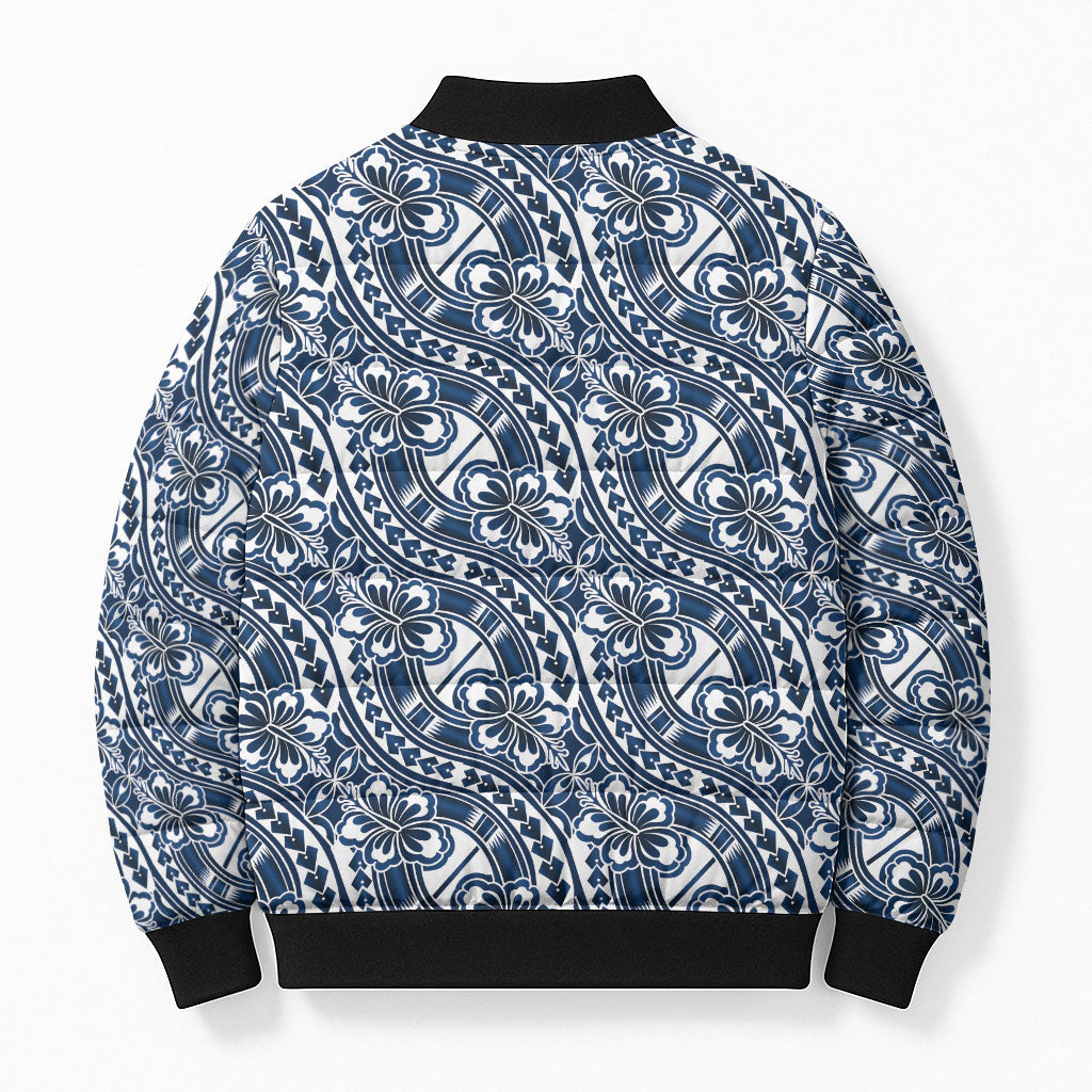 Hibiscus Bloom Island Tribal Waves Bomber Puffer Jacket Blue Polynesian Pattern LT01 - Polynesian Pride