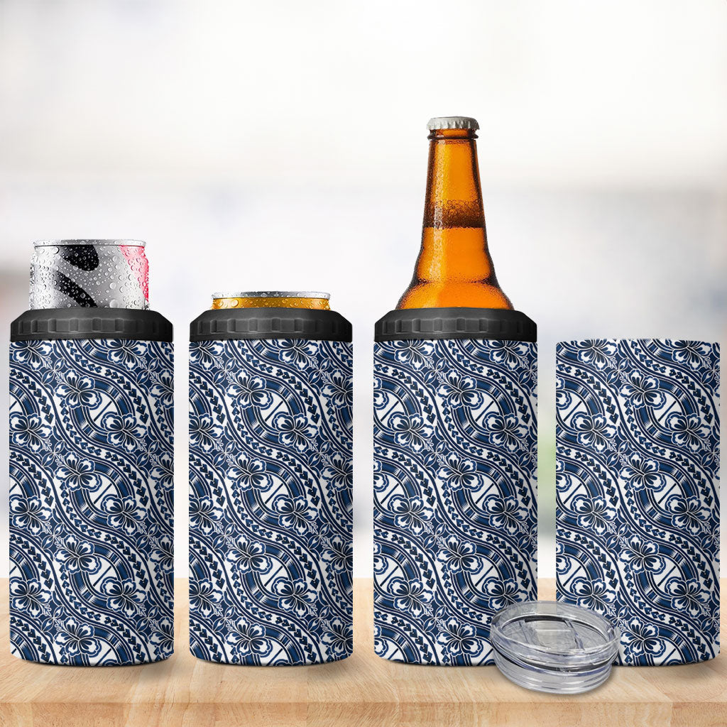 Hibiscus Bloom Island Tribal Waves 4 in 1 Can Cooler Tumbler Blue Polynesian Pattern LT01 - Polynesian Pride