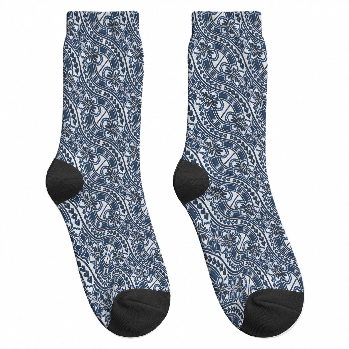 Hibiscus Bloom Island Tribal Waves Crew Socks Blue Polynesian Pattern LT01 - Polynesian Pride