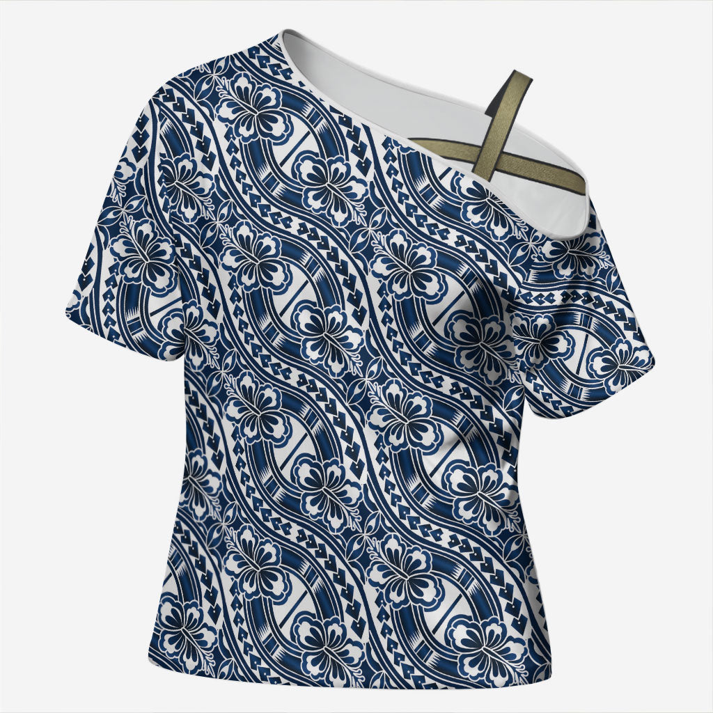 Hibiscus Bloom Island Tribal Waves Cross Shoulder Shirt Blue Polynesian Pattern LT01 Female Blue - Polynesian Pride