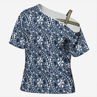 Hibiscus Bloom Island Tribal Waves Cross Shoulder Shirt Blue Polynesian Pattern LT01 Female Blue - Polynesian Pride