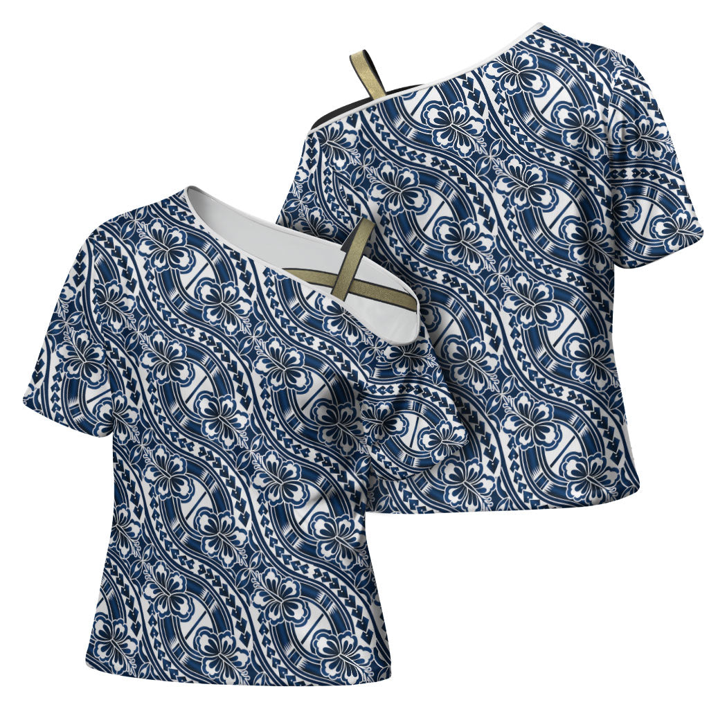 Hibiscus Bloom Island Tribal Waves Cross Shoulder Shirt Blue Polynesian Pattern LT01 - Polynesian Pride