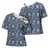 Hibiscus Bloom Island Tribal Waves Cross Shoulder Shirt Blue Polynesian Pattern LT01 - Polynesian Pride