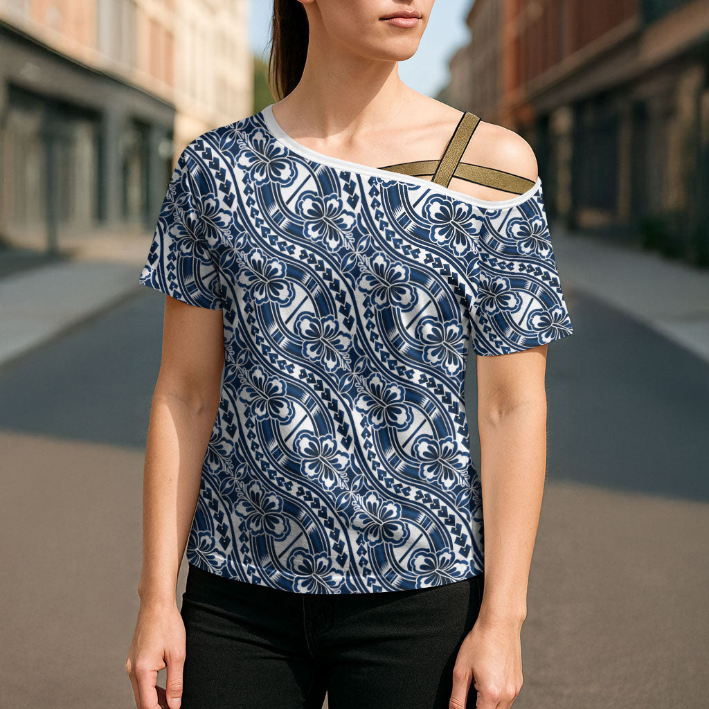 Hibiscus Bloom Island Tribal Waves Cross Shoulder Shirt Blue Polynesian Pattern LT01 - Polynesian Pride
