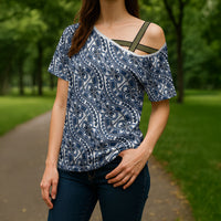 Hibiscus Bloom Island Tribal Waves Cross Shoulder Shirt Blue Polynesian Pattern LT01 - Polynesian Pride