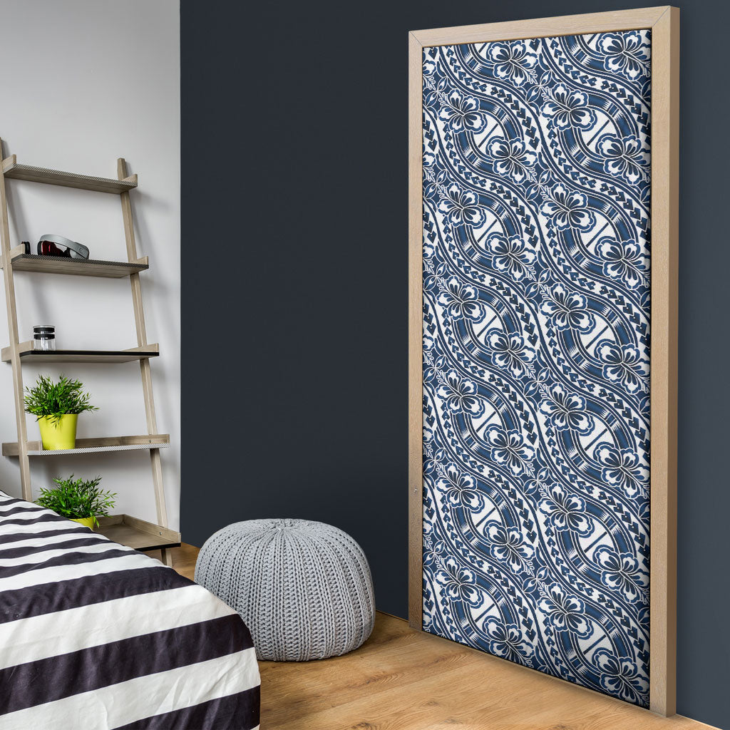 Hibiscus Bloom Island Tribal Waves Door Cover Blue Polynesian Pattern LT01 - Polynesian Pride