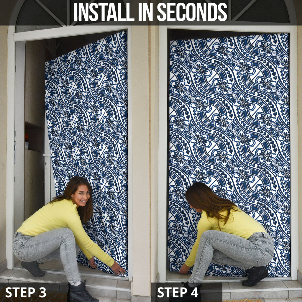 Hibiscus Bloom Island Tribal Waves Door Cover Blue Polynesian Pattern LT01 - Polynesian Pride