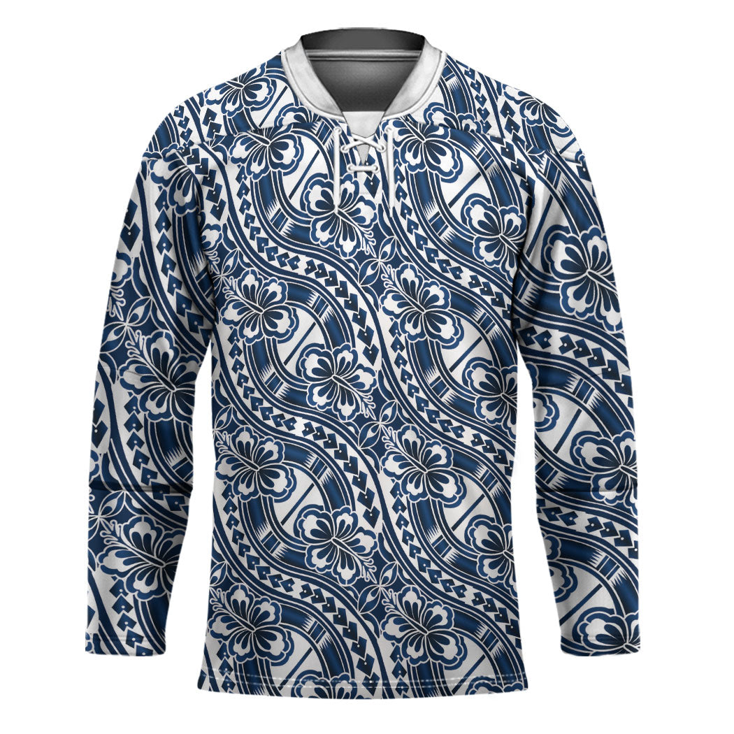 Hibiscus Bloom Island Tribal Waves Hockey Jersey Blue Polynesian Pattern LT01 Unisex Blue - Polynesian Pride