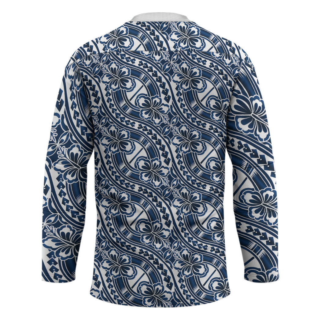 Hibiscus Bloom Island Tribal Waves Hockey Jersey Blue Polynesian Pattern LT01 - Polynesian Pride