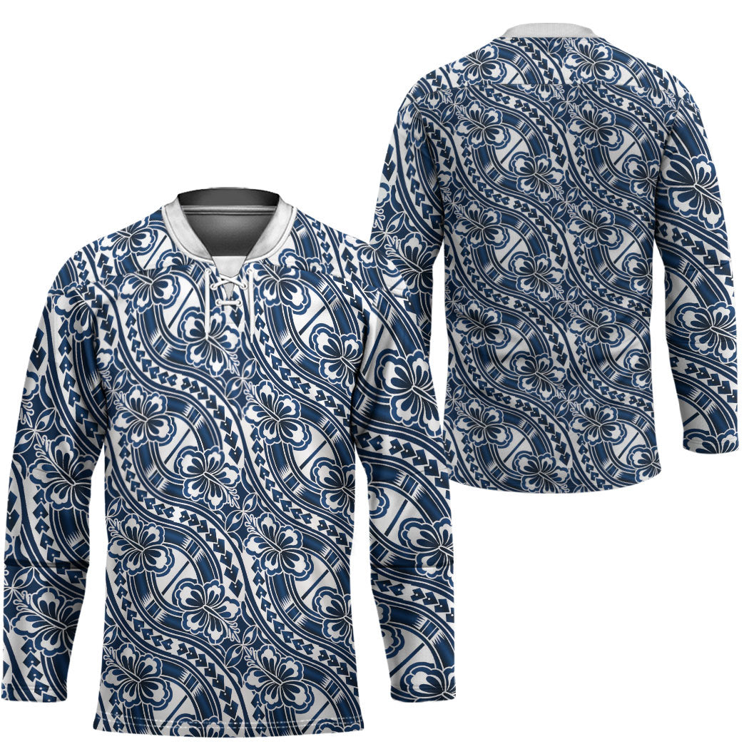 Hibiscus Bloom Island Tribal Waves Hockey Jersey Blue Polynesian Pattern LT01 - Polynesian Pride