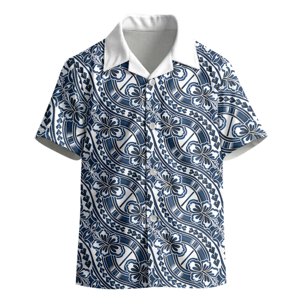 Hibiscus Bloom Island Tribal Waves Kid Hawaiian Shirt Blue Polynesian Pattern LT01 - Polynesian Pride