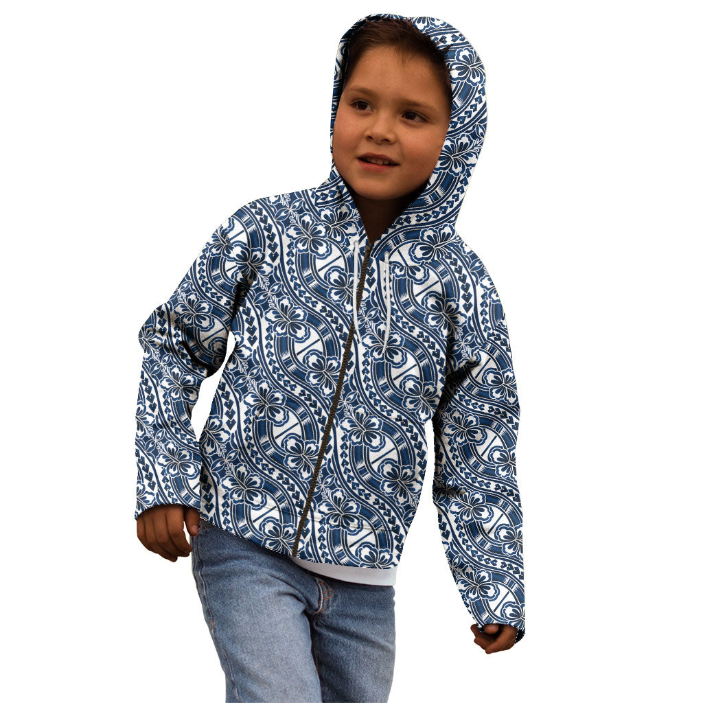 Hibiscus Bloom Island Tribal Waves Kid Hoodie Blue Polynesian Pattern LT01 - Polynesian Pride