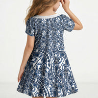 Hibiscus Bloom Island Tribal Waves Kid Short Sleeve Dress Blue Polynesian Pattern LT01 - Polynesian Pride
