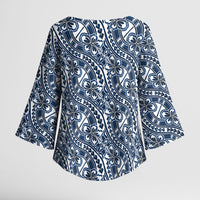Hibiscus Bloom Island Tribal Waves Kimono Sleeve Blouse Blue Polynesian Pattern LT01 - Polynesian Pride