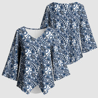 Hibiscus Bloom Island Tribal Waves Kimono Sleeve Blouse Blue Polynesian Pattern LT01 - Polynesian Pride