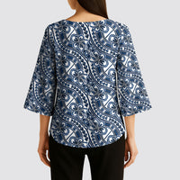 Hibiscus Bloom Island Tribal Waves Kimono Sleeve Blouse Blue Polynesian Pattern LT01 - Polynesian Pride