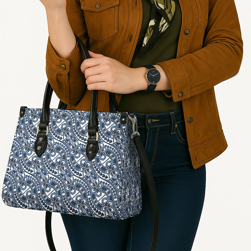 Hibiscus Bloom Island Tribal Waves Leather Bag Blue Polynesian Pattern LT01 - Polynesian Pride