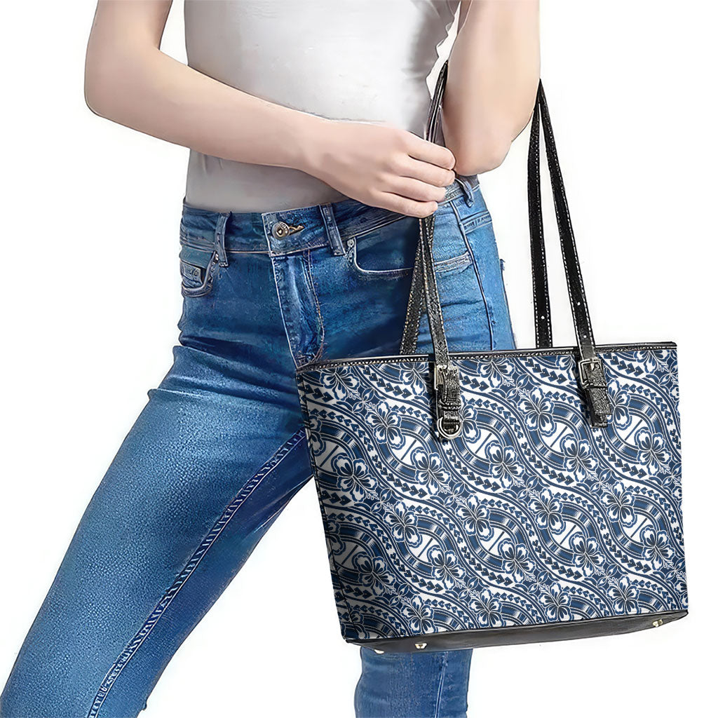 Hibiscus Bloom Island Tribal Waves Leather Tote Bag Blue Polynesian Pattern LT01 - Polynesian Pride
