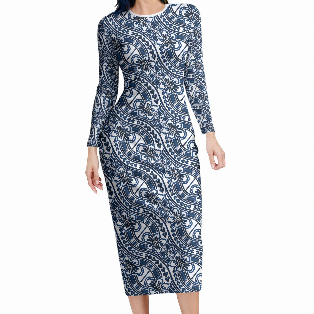 Hibiscus Bloom Island Tribal Waves Long Sleeve Bodycon Dress Blue Polynesian Pattern LT01 Long Dress Blue - Polynesian Pride
