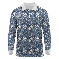 Hibiscus Bloom Island Tribal Waves Long Sleeve Polo Shirt Blue Polynesian Pattern LT01 Blue - Polynesian Pride