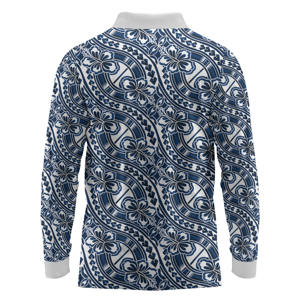 Hibiscus Bloom Island Tribal Waves Long Sleeve Polo Shirt Blue Polynesian Pattern LT01 - Polynesian Pride