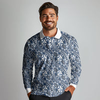 Hibiscus Bloom Island Tribal Waves Long Sleeve Polo Shirt Blue Polynesian Pattern LT01 - Polynesian Pride