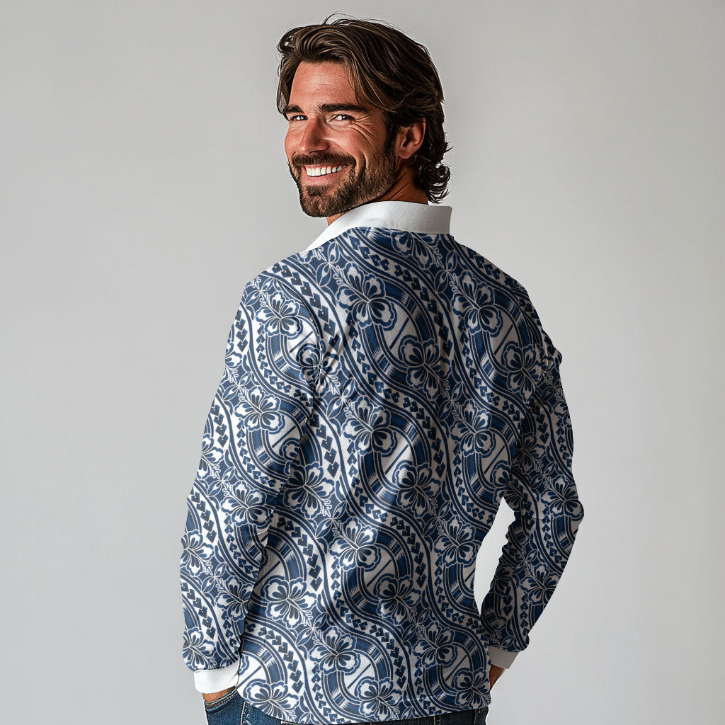 Hibiscus Bloom Island Tribal Waves Long Sleeve Polo Shirt Blue Polynesian Pattern LT01 - Polynesian Pride