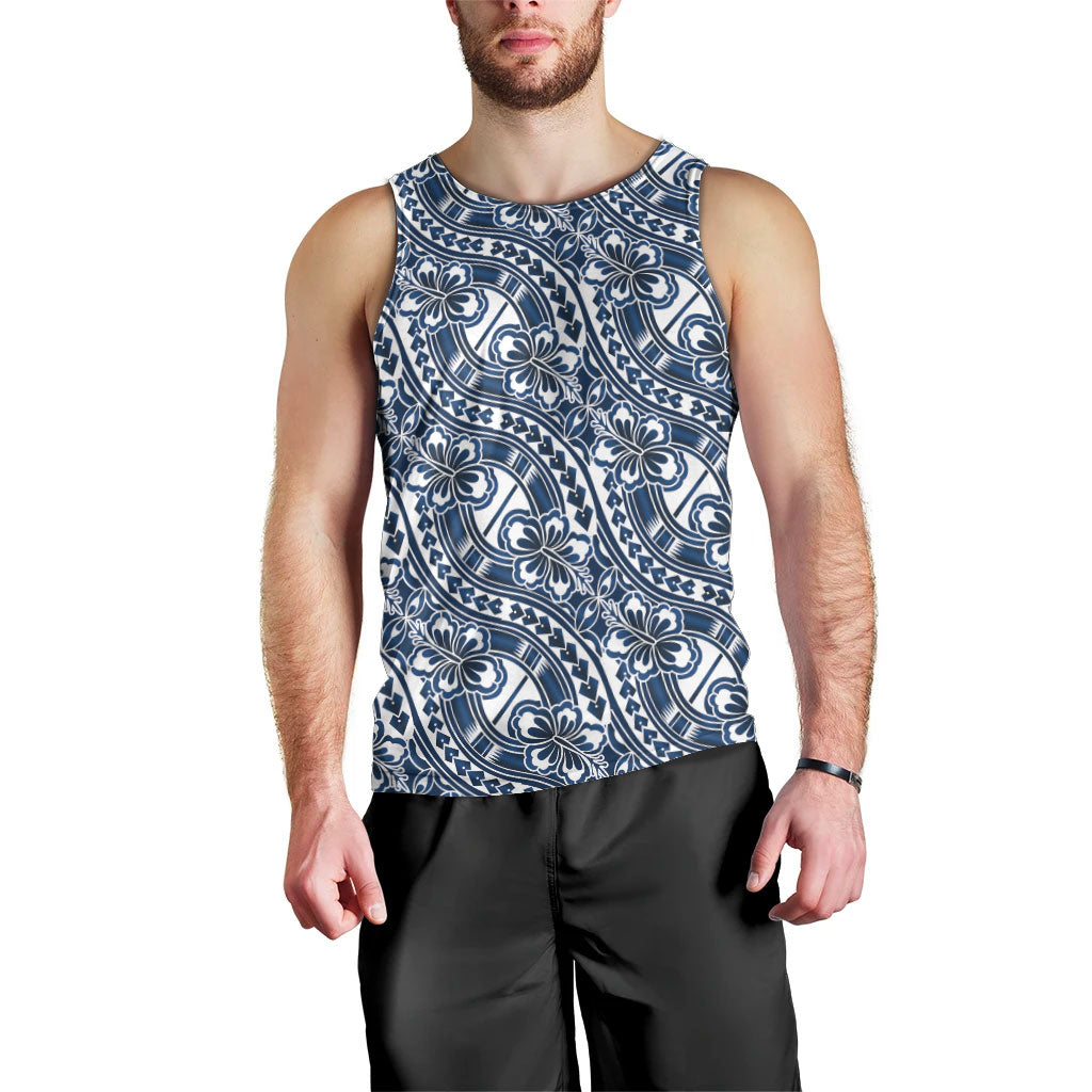 Hibiscus Bloom Island Tribal Waves Men Tank Top Blue Polynesian Pattern LT01 - Polynesian Pride