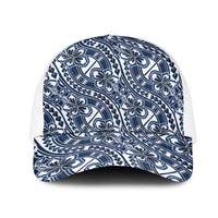 Hibiscus Bloom Island Tribal Waves Mesh Trucker Cap Blue Polynesian Pattern LT01 One Size White Blue - Polynesian Pride