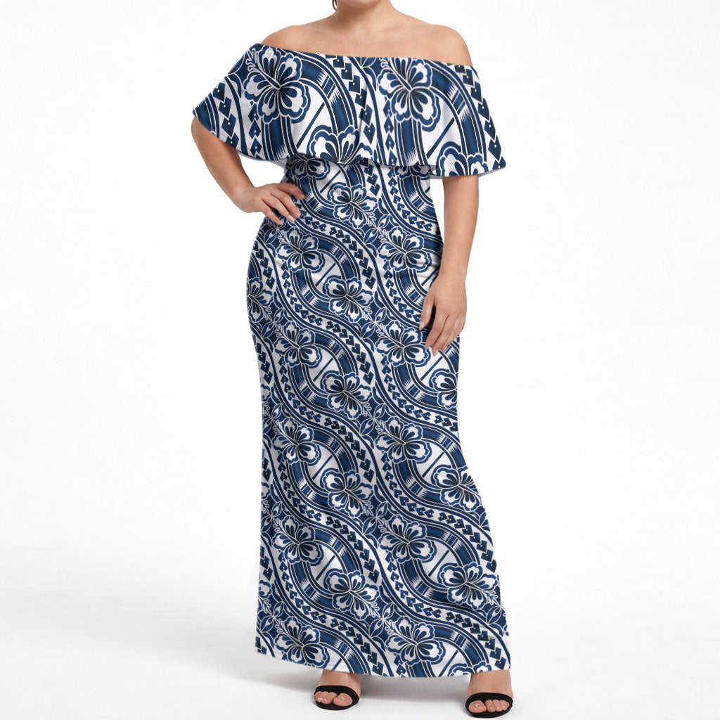Hibiscus Bloom Island Tribal Waves Off Shoulder Maxi Dress Blue Polynesian Pattern LT01 Women Blue - Polynesian Pride