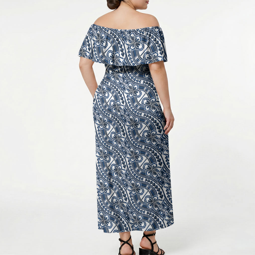 Hibiscus Bloom Island Tribal Waves Off Shoulder Maxi Dress Blue Polynesian Pattern LT01 - Polynesian Pride