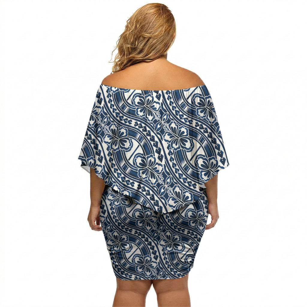 Hibiscus Bloom Island Tribal Waves Off Shoulder Short Dress Blue Polynesian Pattern LT01 - Polynesian Pride