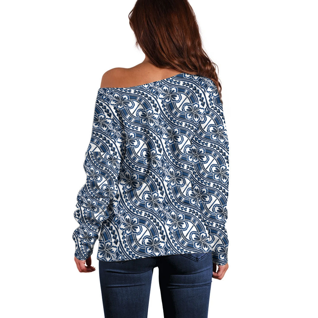 Hibiscus Bloom Island Tribal Waves Off Shoulder Sweater Blue Polynesian Pattern LT01 - Polynesian Pride