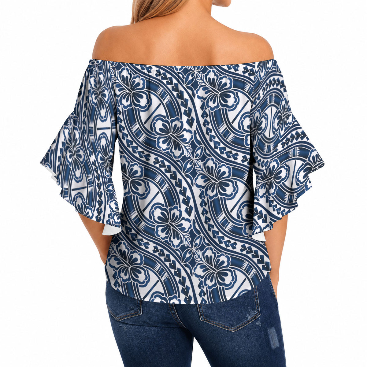 Hibiscus Bloom Island Tribal Waves Off Shoulder Wrap Waist Top Blue Polynesian Pattern LT01 - Polynesian Pride
